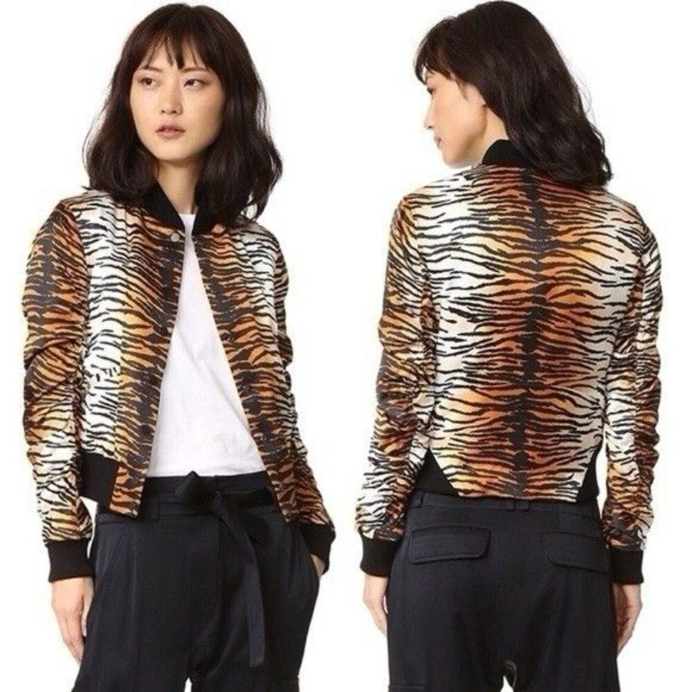 A.L.C. Lloyd Silk Tiger Print Bomber Jacket Women’s Size 0 Snap Front Short $495